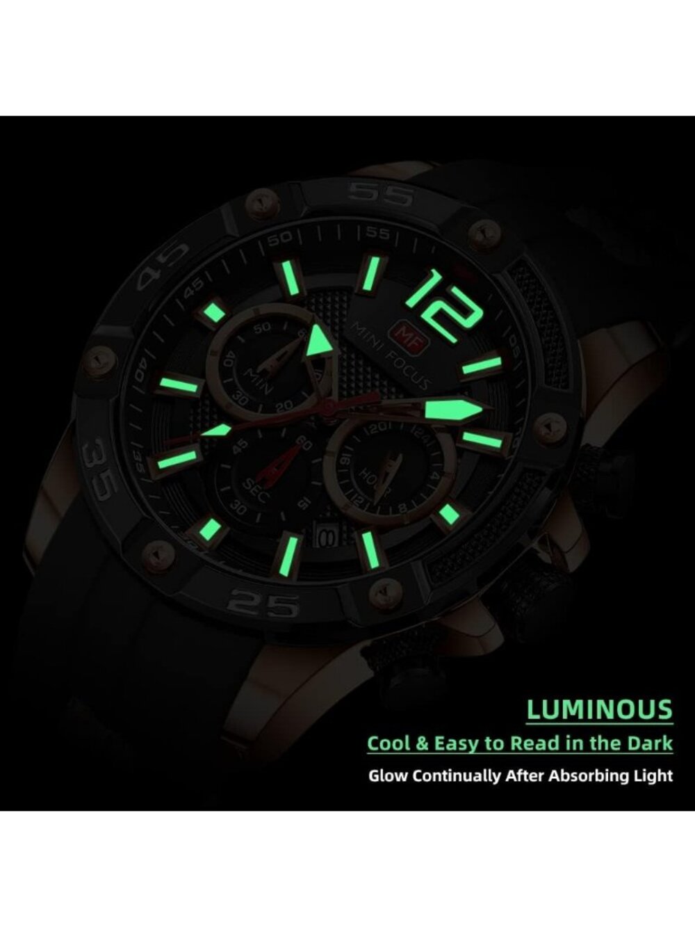 Men's Black Silicon Band Chronograph Waterproof Luminous Unique Casual Watch - Picture 4 of 6